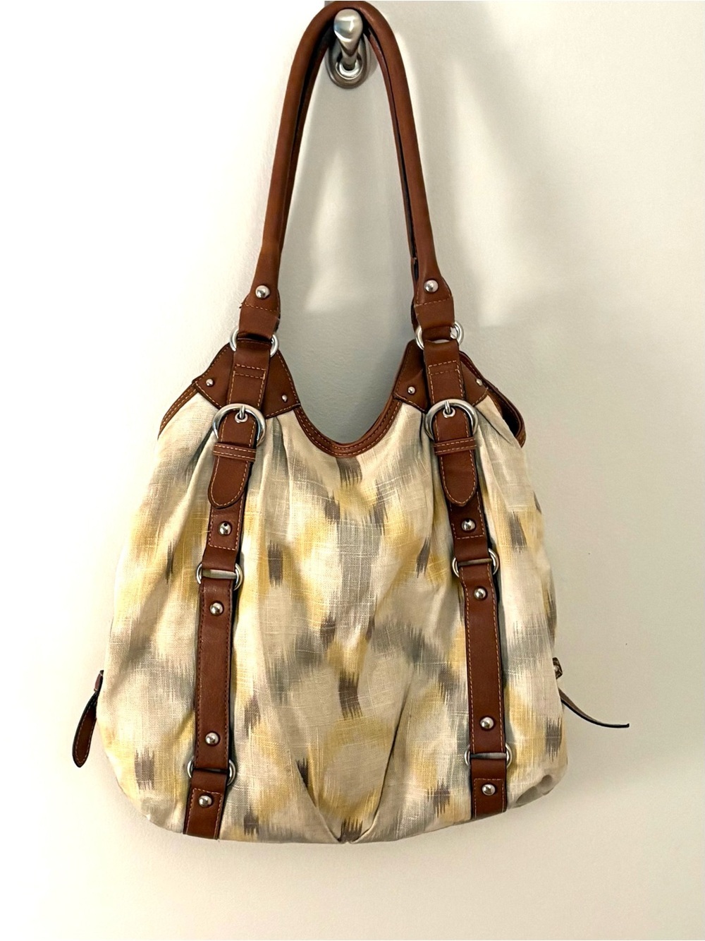 FASHION BAGS Canvas Faux Leather Bucket Hobo Bag, brown and yellow